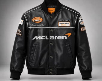 Chaqueta de cuero vintage McLaren para carreras / Estilo urbano de Fórmula 1 / Negra F1 para hombre y mujer
