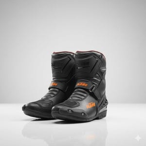 Könnte beinhalten: Ein Paar schwarze Motorradstiefel mit orangefarbenen KTM-Logos. Die Stiefel haben ein hohes Design mit verstellbaren Riemen und verstärkten Einsätzen. Die Innenausstattung ist rot.