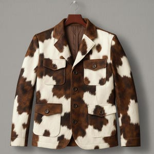 Men’s Western Cowhide Leather Jacket, Brown White Cow Print Cowboy Trucker Jacket, Vintage Ranch Style Button Front Coat