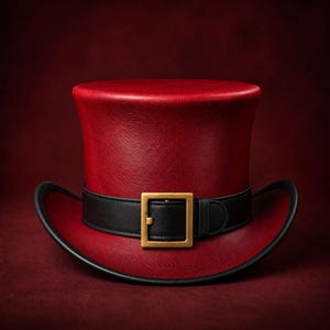 May include: A red top hat with a smooth, leather-like texture, featuring a wide black band around the base. The hat includes a prominent, square-shaped gold-toned metal buckle centred on the front and a black trim along the curved brim edge.