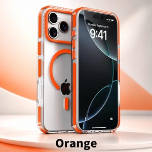 May include: A clear smartphone case with bright orange accents and a circular magnetic ring on the back. The case features a raised orange camera frame, orange side buttons, and orange bumper details. The word Orange is printed at the bottom.