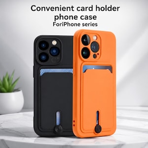 Peut inclure: Deux coques de téléphone, une noire et une orange, avec des emplacements pour cartes. Les coques ont un design élégant et comportent le texte "Convenient card holder phone case For iPhone series". Les coques sont présentées côte à côte.