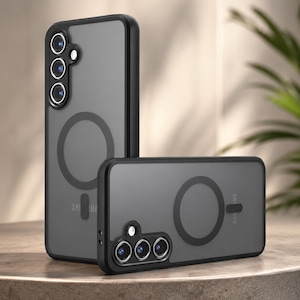 May include: Two black and grey phone cases. The cases have a black border and a grey, translucent back. Each case has a circular design in the centre and a camera cutout with three lenses. The word "SAMSUNG" is printed on the back.