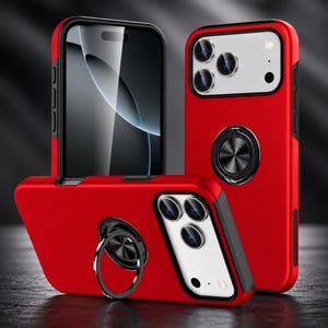 May include: A bright red smartphone case with a black border and a circular metal ring stand on the back. The case features a cutout for a triple-lens camera system and a smooth matte finish. The design includes side buttons and a protective frame.