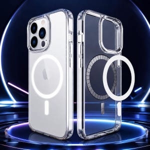Könnte beinhalten: Zwei transparente Schutzhüllen für ein Smartphone, eine mit Gerät im Inneren und eine leer. Beide Hüllen verfügen über ein kreisförmiges magnetisches Ringdesign auf der Rückseite, mit einer weißen leuchtenden Ringgrafik und einem kleinen rechteckigen Akzent.