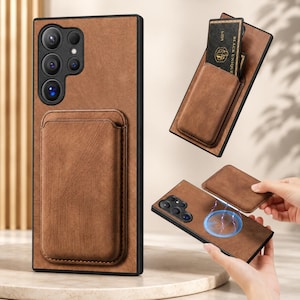 May include: Brown leather phone case with a card holder. The case has a magnetic attachment for a separate card holder. The phone case has a black border and a camera module. The card holder is also brown leather.