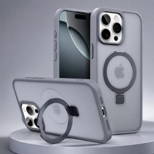 May include: Grey phone cases with a ring holder and a clear back. The cases have a grey frame and a silver ring holder with an Apple logo. The phone cases are displayed on a white surface.