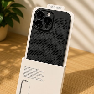以下が含まれることがあります： 黒いiPhone 15 Pro Maxシリコンケースがパッケージに入っています。ケースの背面はテクスチャ加工されており、カメラ用の切り欠きがあります。パッケージには、複数の言語で「iPhone 15 Pro Max Silicone Case」というテキストが含まれています。