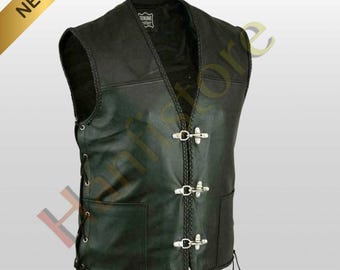 Chaleco de motociclista de cuero auténtico negro con hebilla de anzuelo y encaje lateral para hombre.