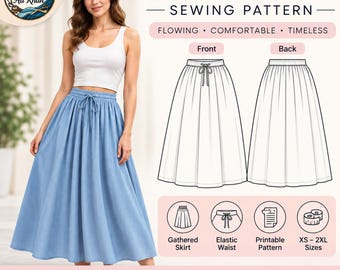 Gathered Skirt Sewing Pattern PDF, Women's Maxi Skirt Pattern, Elastic Waist Skirt, DIY Skirt Pattern, Printable Sewing Pattern XS-2XL