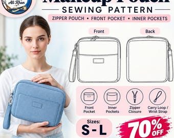 Makeup Pouch Sewing Pattern PDF, Cosmetic Bag Pattern, Toiletry Bag Sewing Pattern, Zipper Pouch DIY, Printable Pattern S-L