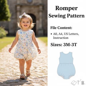 Puede incluir: Una niña con un pelele floral y una diadema a juego. El pelele es blanco con estampados florales azules y rosas. La imagen incluye texto que dice "Patrón de costura de pelele" y "Tallas: 3M-3T".