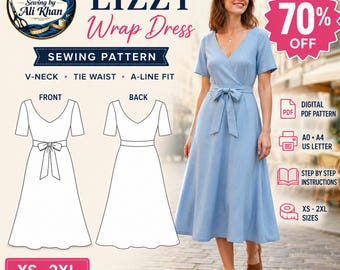 Lizzy Wrap Dress Sewing Pattern, V-Neck A-Line PDF (Digital Download)