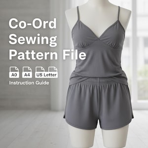 May include: A gray co-ord set, consisting of a camisole top with spaghetti straps and shorts, displayed on a mannequin. The text "Co-Ord Sewing Pattern File" is visible, along with file type icons and "Instruction Guide".