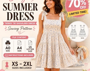 Easy Summer Dress Sewing Pattern PDF | Tiered Tie Shoulder Dress Pattern | XS-2XL | A0 A4 US Letter | Instant Download