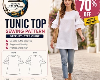 Tunic Top Sewing Pattern, Double Ruffle Sleeves, Relaxed Fit, Sizes XS-XL (Digital Download)
