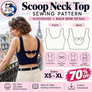 Bow Back Top Sewing Pattern PDF, Scoop Neck Crop Top Pattern, Sleeveless Women's Top, Tie Back Sewing Pattern, XS-XL