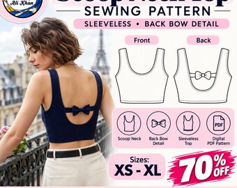 Bow Back Top Sewing Pattern PDF, Scoop Neck Crop Top Pattern, Sleeveless Women's Top, Tie Back Sewing Pattern, XS-XL