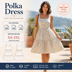 Può includere: Una donna indossa un abito floreale con scollo quadrato e gonna a balze. L'abito è azzurro chiaro con fiori gialli e bianchi. L'immagine include il testo "Polka Dress" e "Classic Charm, Everyday Style". Il modello dell'abito include taglie XS-2XL.