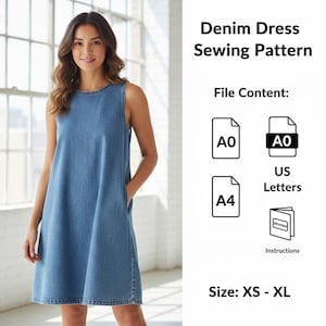 May include: A sleeveless, light blue denim dress. The image also shows a sewing pattern for a denim dress, with file content details including A0, US Letters, A4, and instructions. The size range is XS to XL.