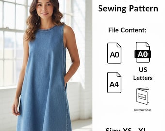 Denim Dress Sewing Pattern PDF XS-XL, Women’s Corset Slip Dress Pattern, Vintage Denim Jacket Style Dress, Beginner Friendly Women Sewing