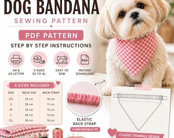 Dog Bandana Sewing Pattern | PDF Pet Bandana Pattern | Reversible Dog Scarf | Easy Beginner Sewing | XS-XL Instant Download