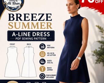 Breeze Summer A-Line Dress Sewing Pattern, Sleeveless PDF (XXS-XL)
