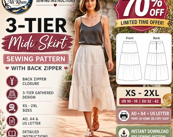 3-Tier Midi Skirt Sewing Pattern | Gathered Back Zip PDF (XS-2XL)