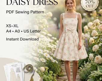 Daisy Dress Sewing Pattern PDF | Cottagecore Dress Pattern | Fit and Flare Dress | A4, us letter & A0 | XS–XL | Instant Download