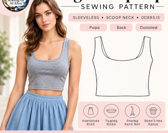 Crop Top Sewing Pattern PDF, Women's Tank Top Pattern, Sleeveless Scoop Neck Top, DIY Sewing Pattern, Printable pdf XS-Xl