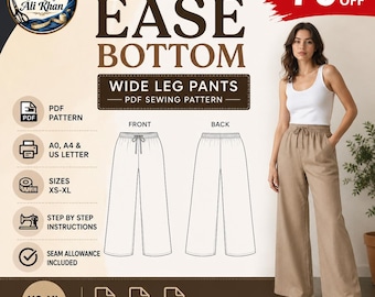 Ease Bottom Wide Leg Pants Sewing Pattern (PDF), Women's Trousers, XS-XL