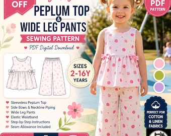 Girls Peplum Top & Wide Leg Pants Sewing Pattern PDF, Kids Outfit Pattern, Bow Top , Trousers, Sizes 2-16Y, A0 A4 US Letter