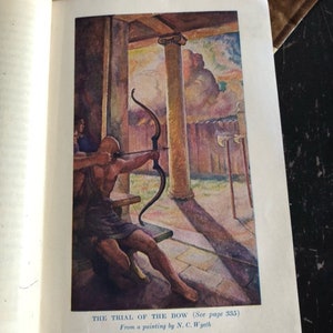 May include: A painting of a man in a tunic holding a bow and arrow in a courtyard. The man is standing in front of a pillar and a wall. The painting is titled "The Trial of the Bow" and is from a painting by N.C. Wyeth.