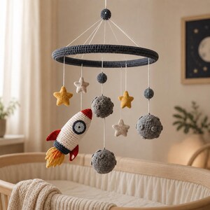May include: A space-themed nursery mobile featuring a dark gray crocheted ring frame. Hanging from white strings are crocheted elements including a white and red rocket with orange flames, two gray textured planets, and four stars in yellow and beige.