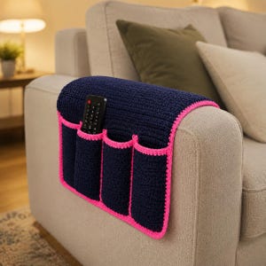 Tufted Velvet Yarn Couch Arm Caddy, Deep Tone Neon Crochet Remote Holder, Handmade Sofa Textile Organizer for Living Room Storage