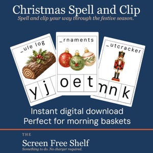 May include: Three white rectangular educational cards titled Christmas Spell and Clip. Each card features a holiday illustration of a yule log, ornaments, or a nutcracker with missing letters and a selection of letters below to complete the words.