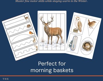 Winter scissor skills cutting strips printable, Charlotte Mason morning basket, fine motor