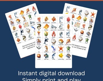 Ocean bingo | 24 printable cards, family game, fact on every card, instant download