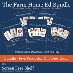 Puede incluir: Un paquete de cinco productos educativos con temática de granja. Incluye Farmyard Count & Clip Cards, Matching Game, Alphabet Cards, Number Cards y Spell & Clip Cards. Presenta el texto "Descarga digital instantánea. Imprime y juega."
