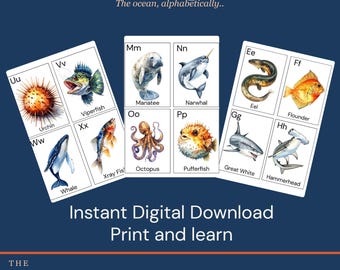 Ocean Alphabet Cards - Printable | A to Z Animals and Plants | Instant Download | Home Learning