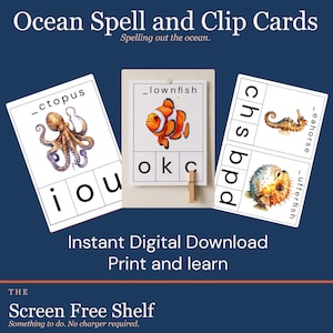 May include: Educational flashcards for spelling, featuring ocean animals. The cards include an octopus, clownfish, seahorse, and pufferfish, with letters to spell the animal names. The text "Ocean Spell and Clip Cards" is at the top.