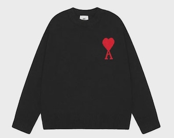 AMI Paris Red Heart Logo Sweater – Minimalist Designer Knit Pullover – Chic French Style Knitwear