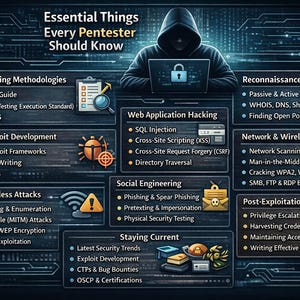 May include: Infographic titled "Essential Things Every Pentester Should Know" with a hooded figure using a laptop. Topics include penetration testing, web application hacking, social engineering, and network attacks.