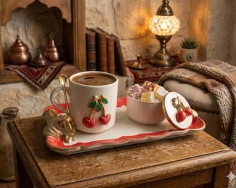 Hand-Painted Cherry Ceramic Espresso Cup and Stone Powder Tray Set