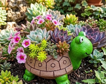 Handmade Turtle Succulent Planter – Whimsical Green Animal Clay Pot, Desk Accessory