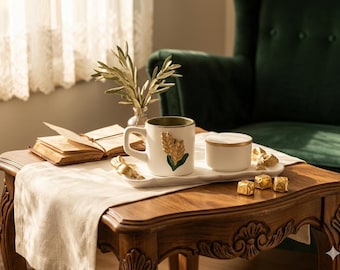 Hand-Painted Ceramic Turkish Coffee Cup Set | Stone Powder Tray, Gold Leaf Wheat Accents