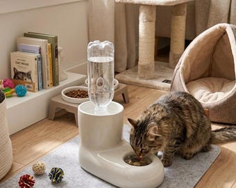 Handmade Ceramic Cat Water Fountain, Glazed Pottery Gravity Pet Dispenser, Minimalist Bowl