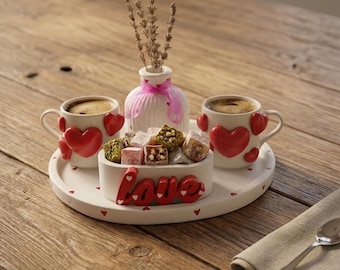 Custom Concrete Coffee Set for Turkish Coffee or Espresso, Red Heart Relief Decor,
