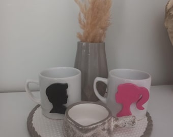 Handmade Silhouette Mug Set – Pink Black Couple Coffee Cups – 3D Raised Portrait