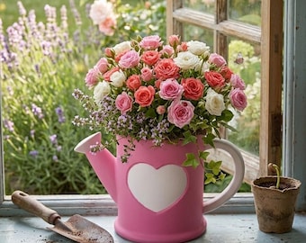 Pink Watering Can Planter, Heart Accent, Small Cactus Pot, Desktop Decor